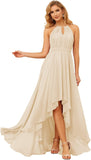 Damen Neckholder Brautjungfernkleider Lang mit Taschen High-Low Falten Formelles Kleid für Hochzeit 