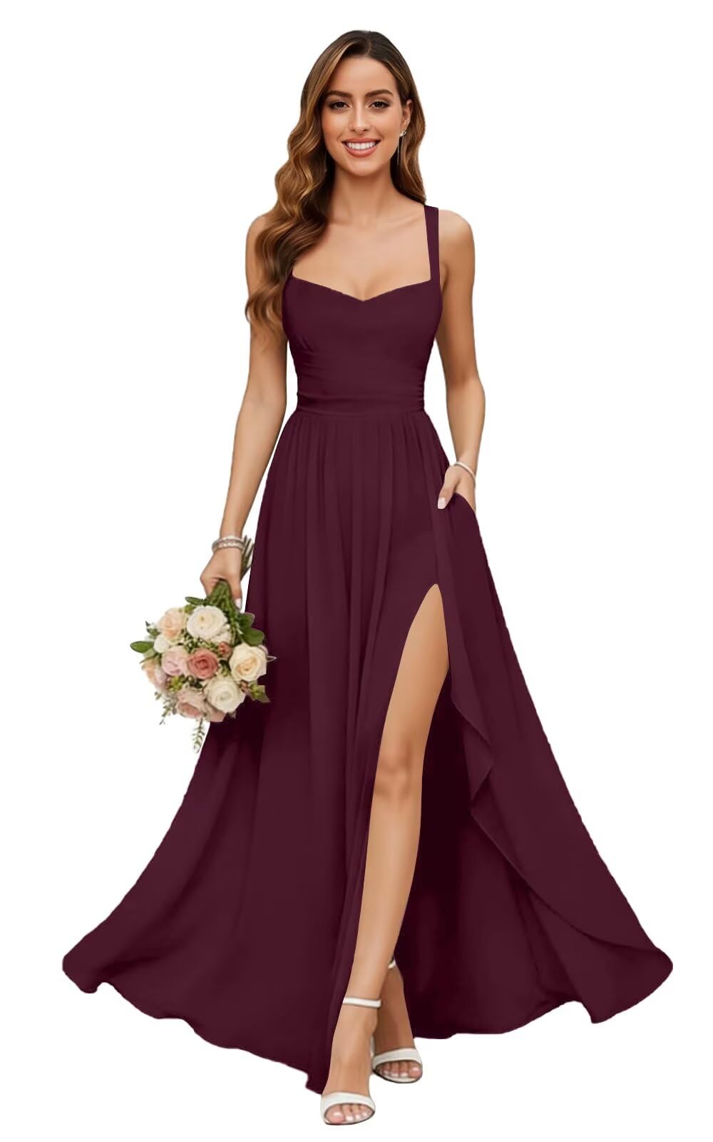 Chiffon Bridesmaid Dresses for Women Long Spaghetti Straps A-line Pleated Formal Evening Party Gowns with Pockets