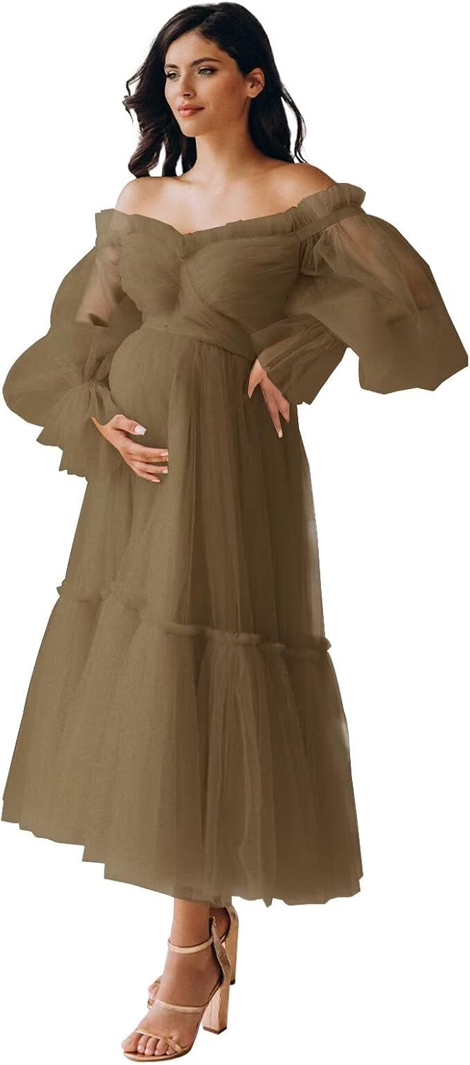 Eightale Tulle Tea Length Maternity Dresses for Photo Shoot Long Sleeve Pregnancy Gown for Baby Shower