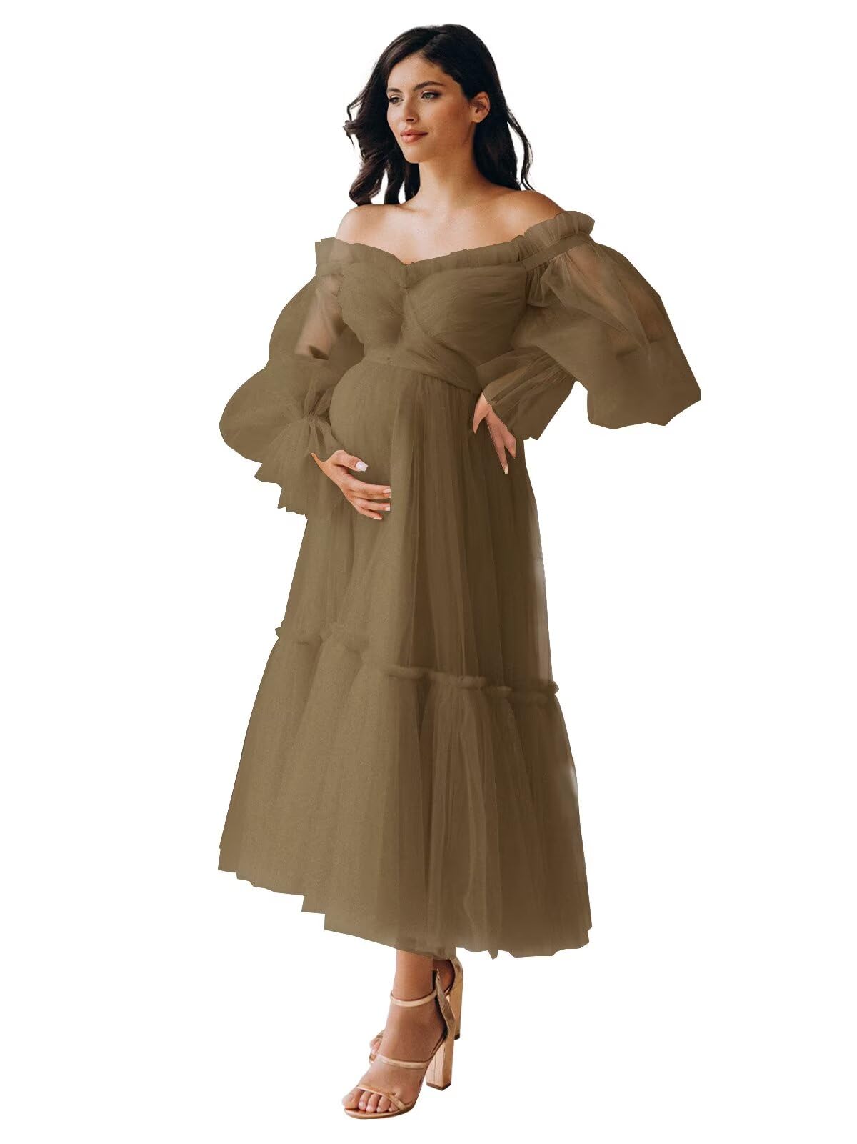 Eightale Tulle Tea Length Maternity Dresses for Photo Shoot Long Sleeve Pregnancy Gown for Baby Shower