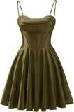 Spaghetti Straps Satin Homecoming Dresses for Teens Ruched Corset Short Prom Dresses 2026