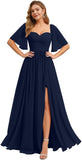 Women's Chiffon Bridesmaid Dresses for Wedding Flutter Sleeves Ruched A Line Long Formal Dress with Slit