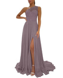 One Shoulder Chiffon Bridesmaid Dresses for Wedding 2026 Lace A-Line Slit Formal Evening Party Gown with Pockets