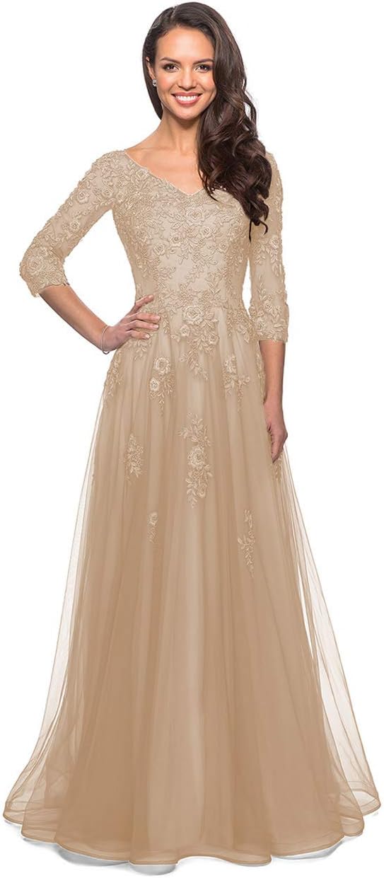 Women's Floral Lace Appliques 3/4 Sleeve Mother of The Bride Dresses Long V Neck Formal Dresses with Pockets