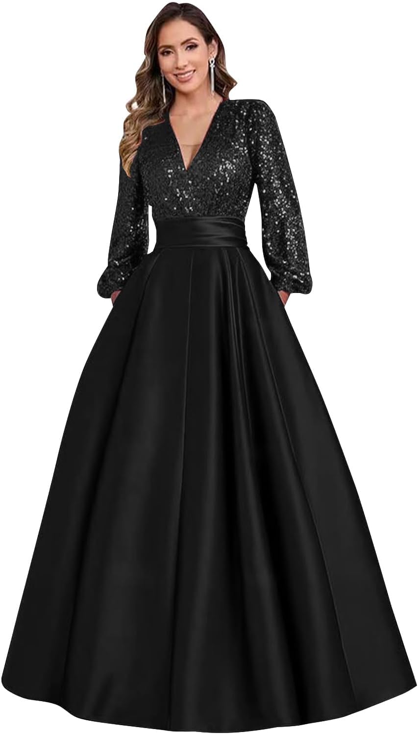 Satin Mother of Bride Dresses Long for Women Sequin Long Sleeve Evening Gown with Pockets