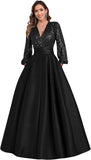 Satin Mother of Bride Dresses Long for Women Sequin Long Sleeve Evening Gown with Pockets