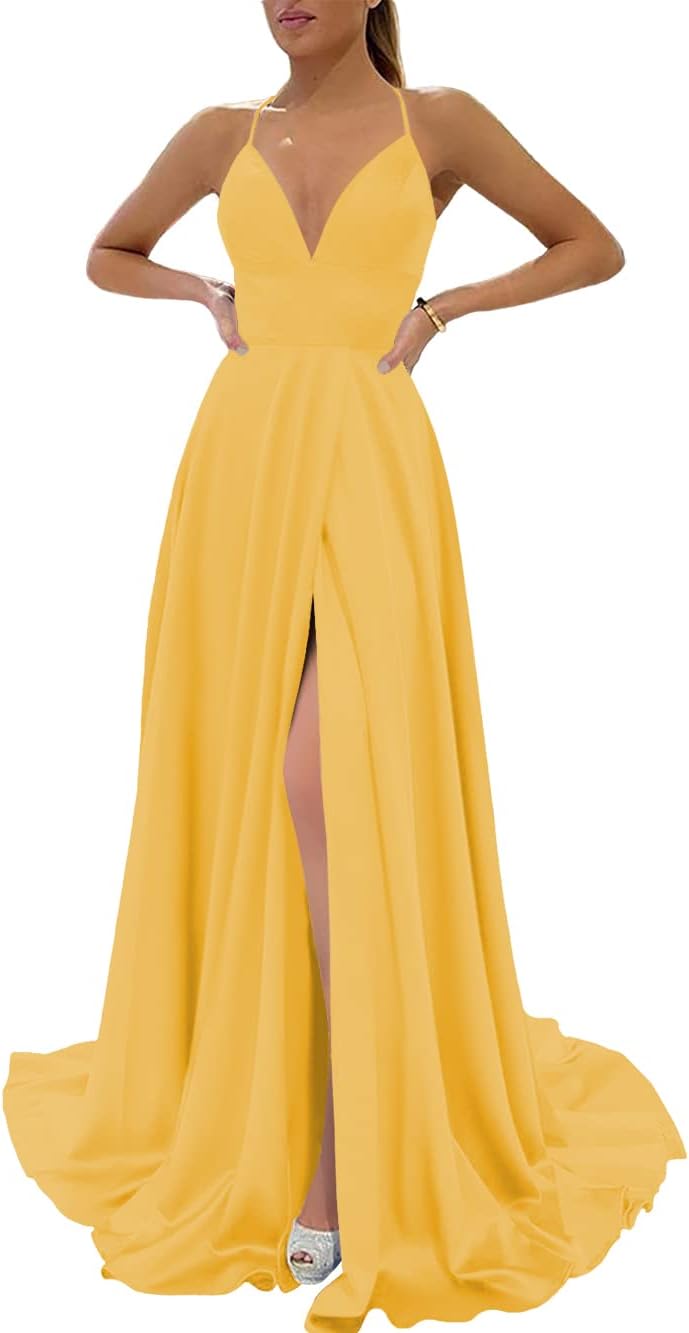 Women's Mermaid Prom Dresses Long with Slit 2025 Sequins Satin Spaghetti Straps Formal Evening Party Gown