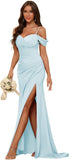 Vestidos de dama de honor de satén con hombros descubiertos para mujer, vestidos formales largos de sirena fruncidos con abertura 