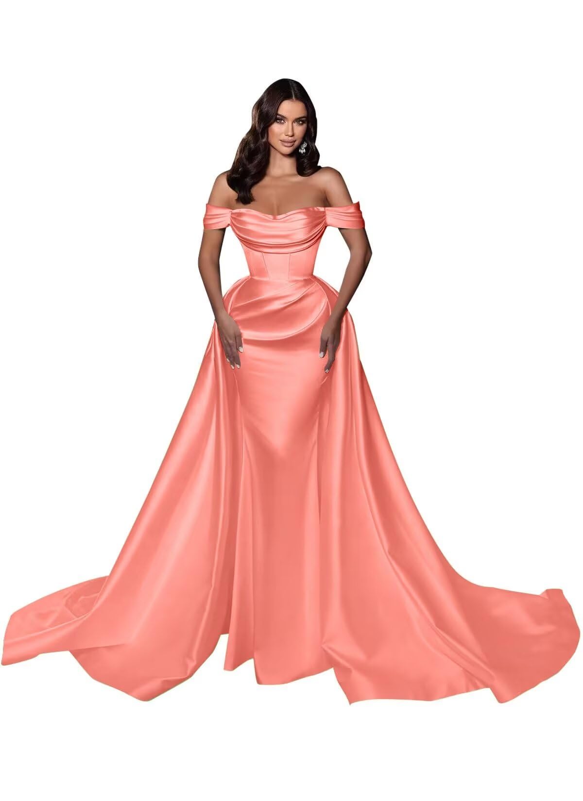 Mermaid Satin Prom Dresses for Women 2027 Long Off Shoulder Ruched Corset Formal Evening Dress Detachable Train