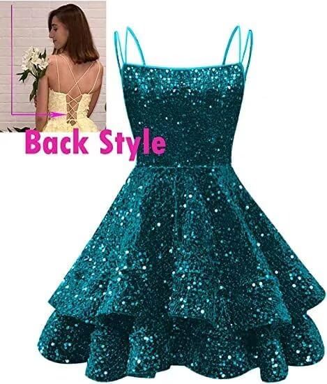 Spaghetti Straps Sequin Homecoming Dresses for Teens Sparkly Tiered Short Prom Dress 2026 Mini Cocktail Party Gown