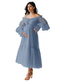 Eightale Tulle Tea Length Maternity Dresses for Photo Shoot Long Sleeve Pregnancy Gown for Baby Shower