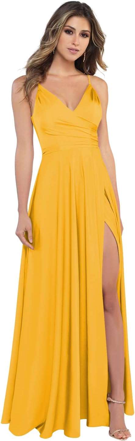 Damen-Brautjungfernkleider aus Satin mit V-Ausschnitt und Schlitz, Spaghettiträgern, formelle Ballkleider mit Taschen 