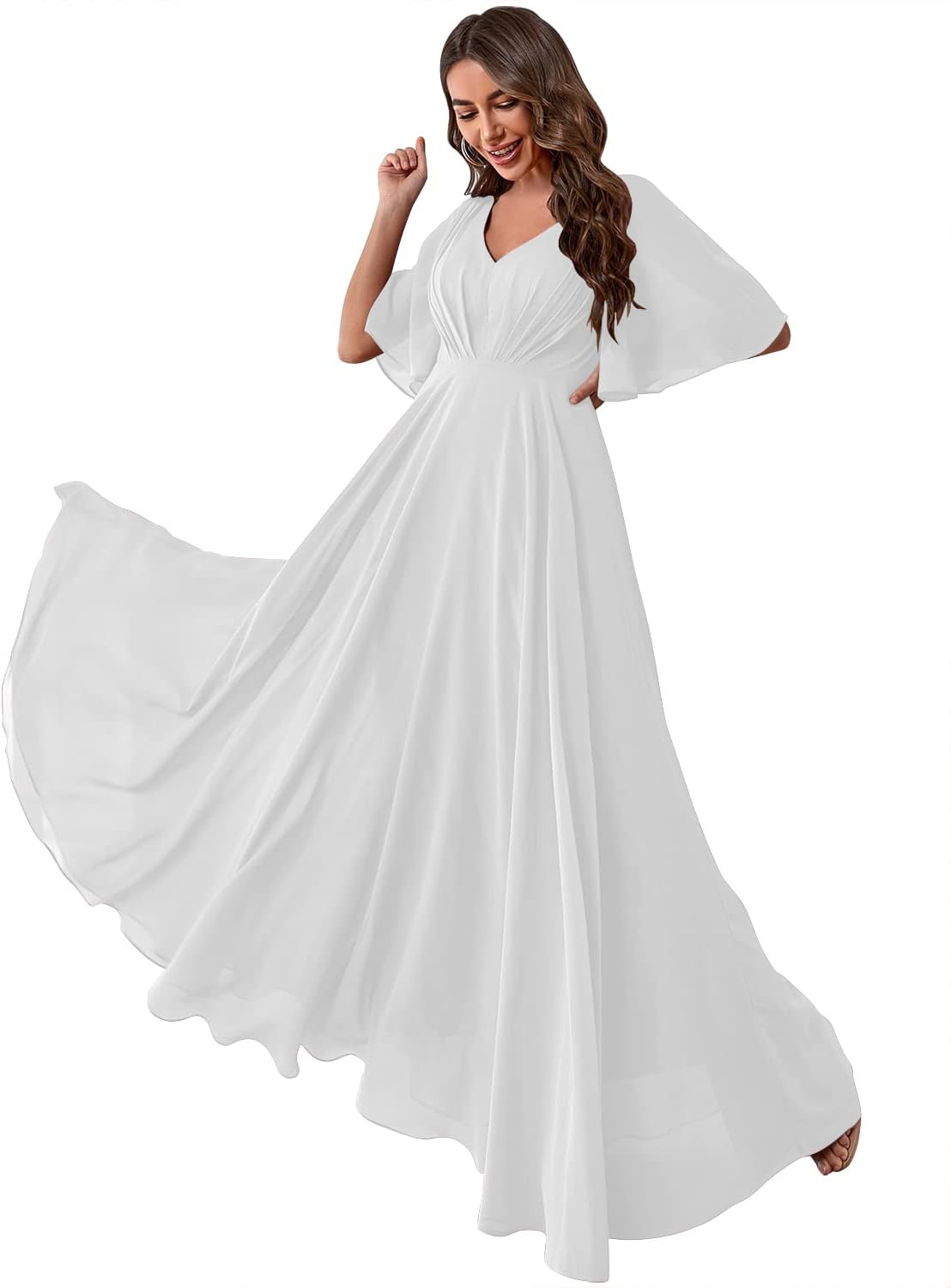 Women's Batwing Sleeve Chiffon Bridesmaid Dresses with Pockets V Neck Long Formal Evening Dress