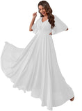 Women's Batwing Sleeve Chiffon Bridesmaid Dresses with Pockets V Neck Long Formal Evening Dress