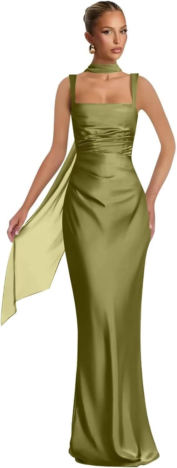 Mermaid Bridesmaid Dresses with Scarf 2027 Long Satin Spaghetti Straps Ruched Formal Evening Party Dress for Women