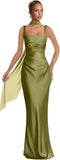 Mermaid Bridesmaid Dresses with Scarf 2027 Long Satin Spaghetti Straps Ruched Formal Evening Party Dress for Women