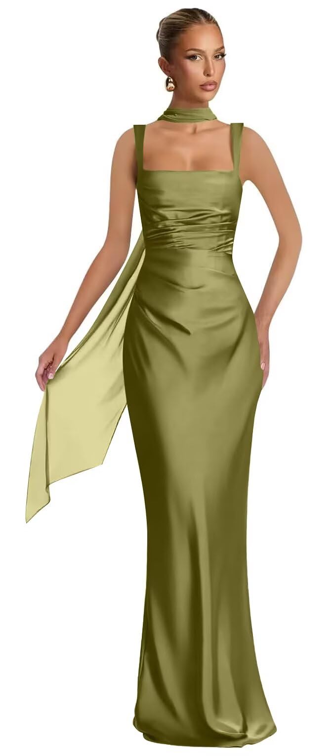 Mermaid Bridesmaid Dresses with Scarf 2027 Long Satin Spaghetti Straps Ruched Formal Evening Party Dress for Women