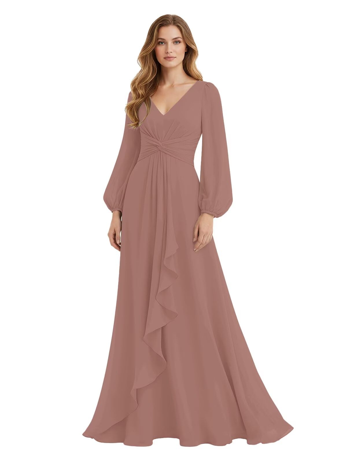 Women's Chiffon Bridesmaid Dresses Long Sleeve Ruffles V-Neck Pleated Formal Wedding Guest Dresses Mother of the bride Dress