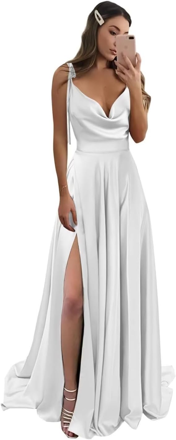 Vestidos de fiesta largos de satén con abertura alta para mujer, 2024, tirantes finos ajustables, vestidos de fiesta formales con bolsillos 