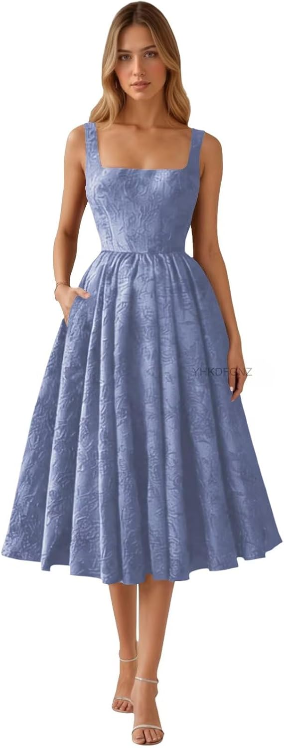 Floral Jacquard Satin Prom Dresses for Women Tea Length Formal Evening Party Dress with Pockets