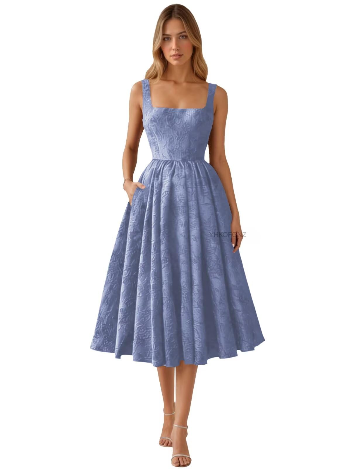 Floral Jacquard Satin Prom Dresses for Women Tea Length Formal Evening Party Dress with Pockets