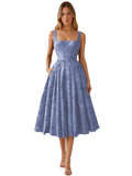 Floral Jacquard Satin Prom Dresses for Women Tea Length Formal Evening Party Dress with Pockets