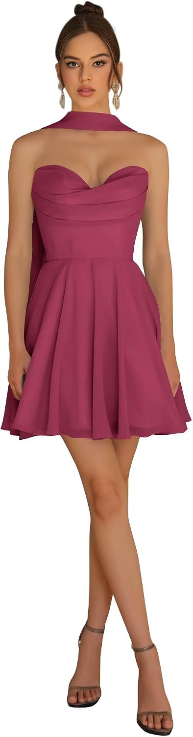 Strapless Homecoming Dresses for Teens 2026 Chiffon Short Prom Dress with Scarf A-line Pleated Cocktail Party Gown