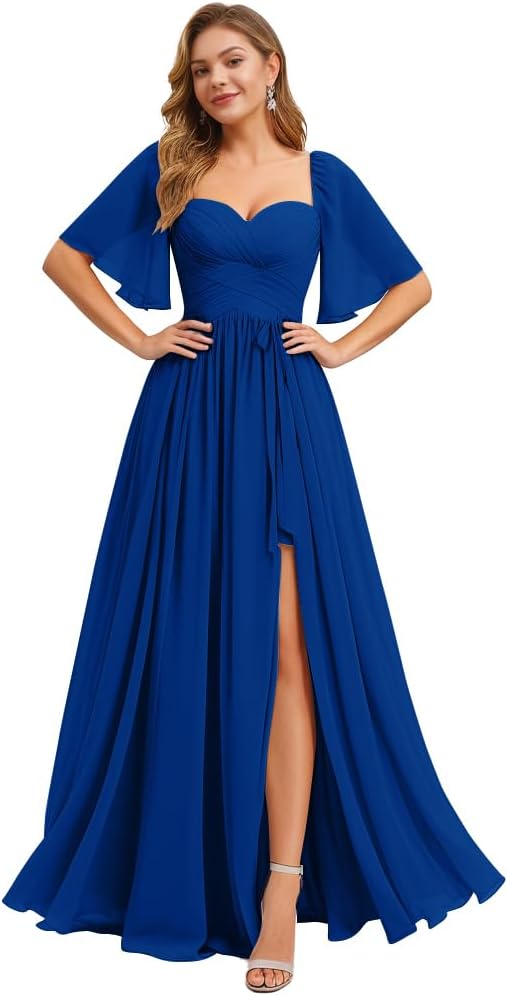 Women's Chiffon Bridesmaid Dresses for Wedding Flutter Sleeves Ruched A Line Long Formal Dress with Slit