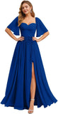 Women's Chiffon Bridesmaid Dresses for Wedding Flutter Sleeves Ruched A Line Long Formal Dress with Slit