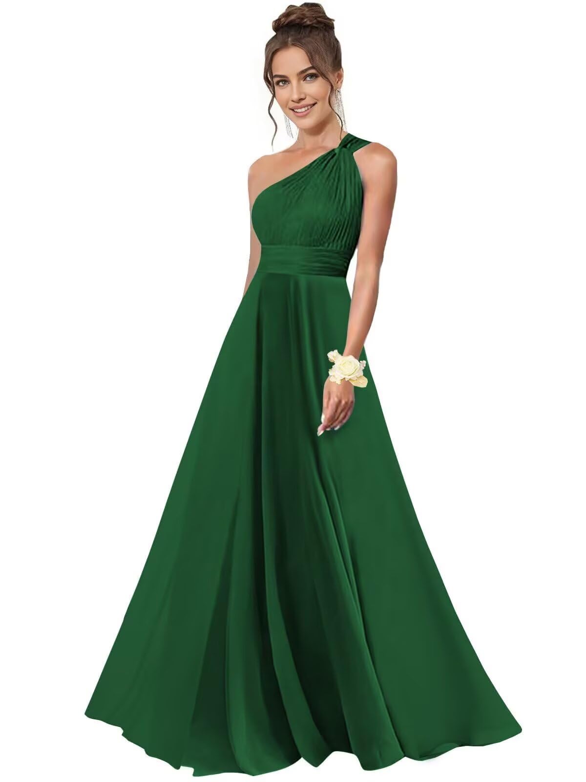 One Shoulder Bridesmaid Dresses for Women Chiffon A Line Pleated Long Formal Gowns with Pockets