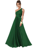 One Shoulder Bridesmaid Dresses for Women Chiffon A Line Pleated Long Formal Gowns with Pockets