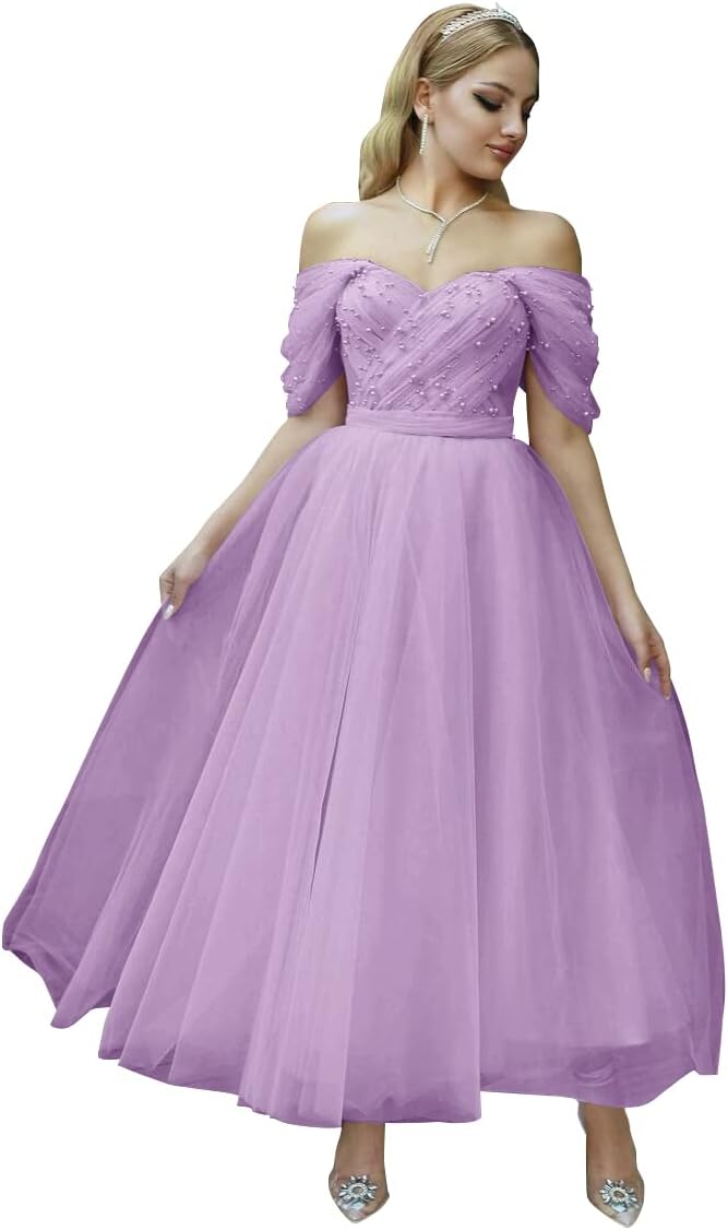 Tulle Tea Length Prom Dresses for Women Off The Shoulder Ball Gowns Teens Sweetheart Beaded Puffy Princess Dress