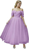 Tulle Tea Length Prom Dresses for Women Off The Shoulder Ball Gowns Teens Sweetheart Beaded Puffy Princess Dress