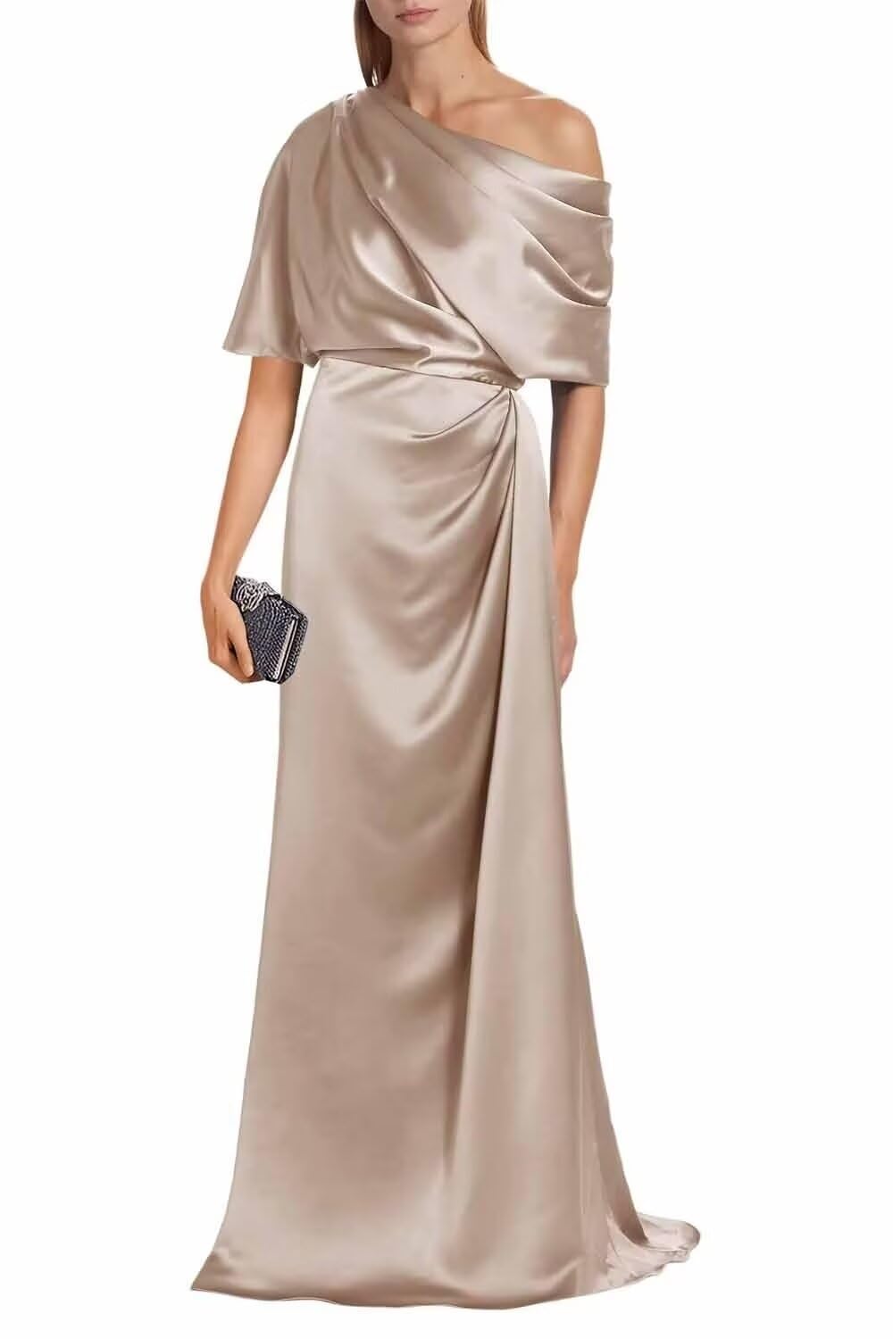 Satin Mother of The Bride Dresses for Wedding One Shoulder Formal Dress with Sleeves Mermaid Evening Party Gowns