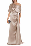 Satin Mother of The Bride Dresses for Wedding One Shoulder Formal Dress with Sleeves Mermaid Evening Party Gowns