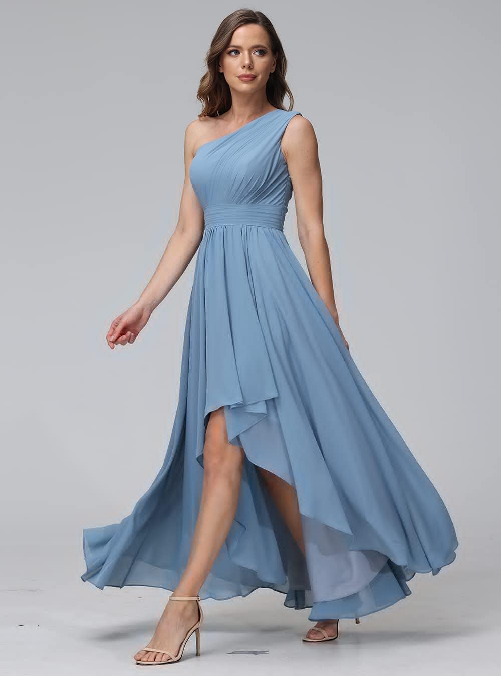Women's One Shoulder Bridesmaid Dresses High Low Chiffon Formal Party Gowns with Pockets