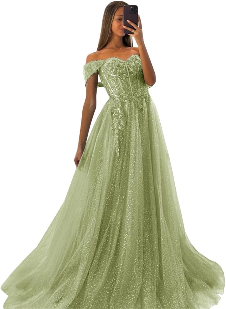 Off The Shoulder Tulle Prom Dresses 2027 Lace Applique A Line Long Sparkly Formal Evening Party Gowns