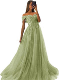 Off The Shoulder Tulle Prom Dresses 2027 Lace Applique A Line Long Sparkly Formal Evening Party Gowns