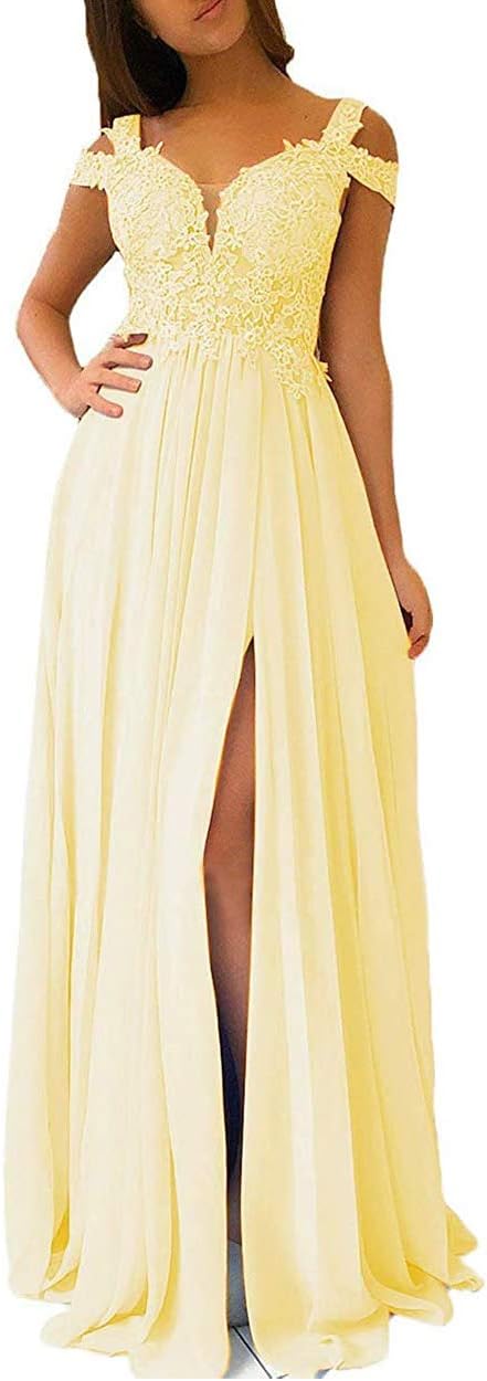 Women's Lace Appliques Prom Dresses Long with Slit Cold Shoulder Formal Party Gown