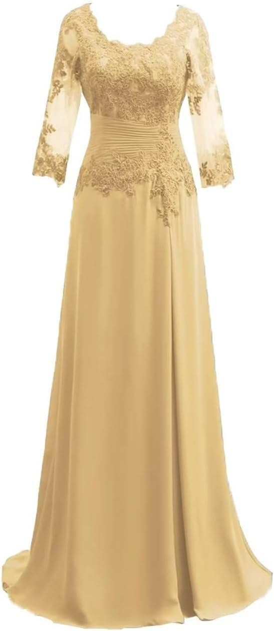 Women's Lace Appliqued Mother of The Bride Dresses 3/4 Sleeves Scoop Long Formal Evening Dress