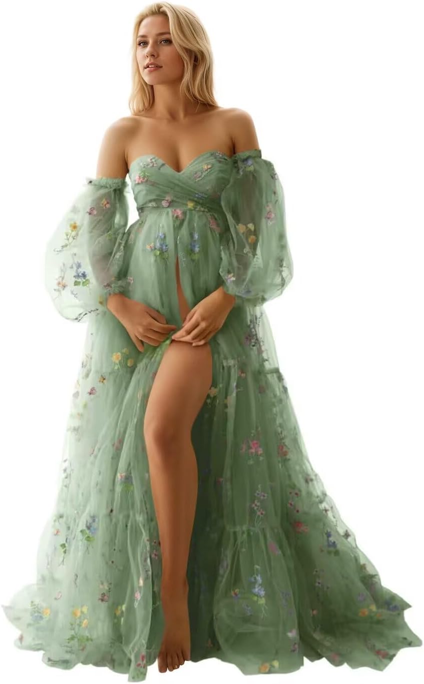 Flower Embroidery Tulle Maternity Dresses for Photoshoot Long Puffy Sleeve Off Shoulder Pregnancy Baby Shower Dress