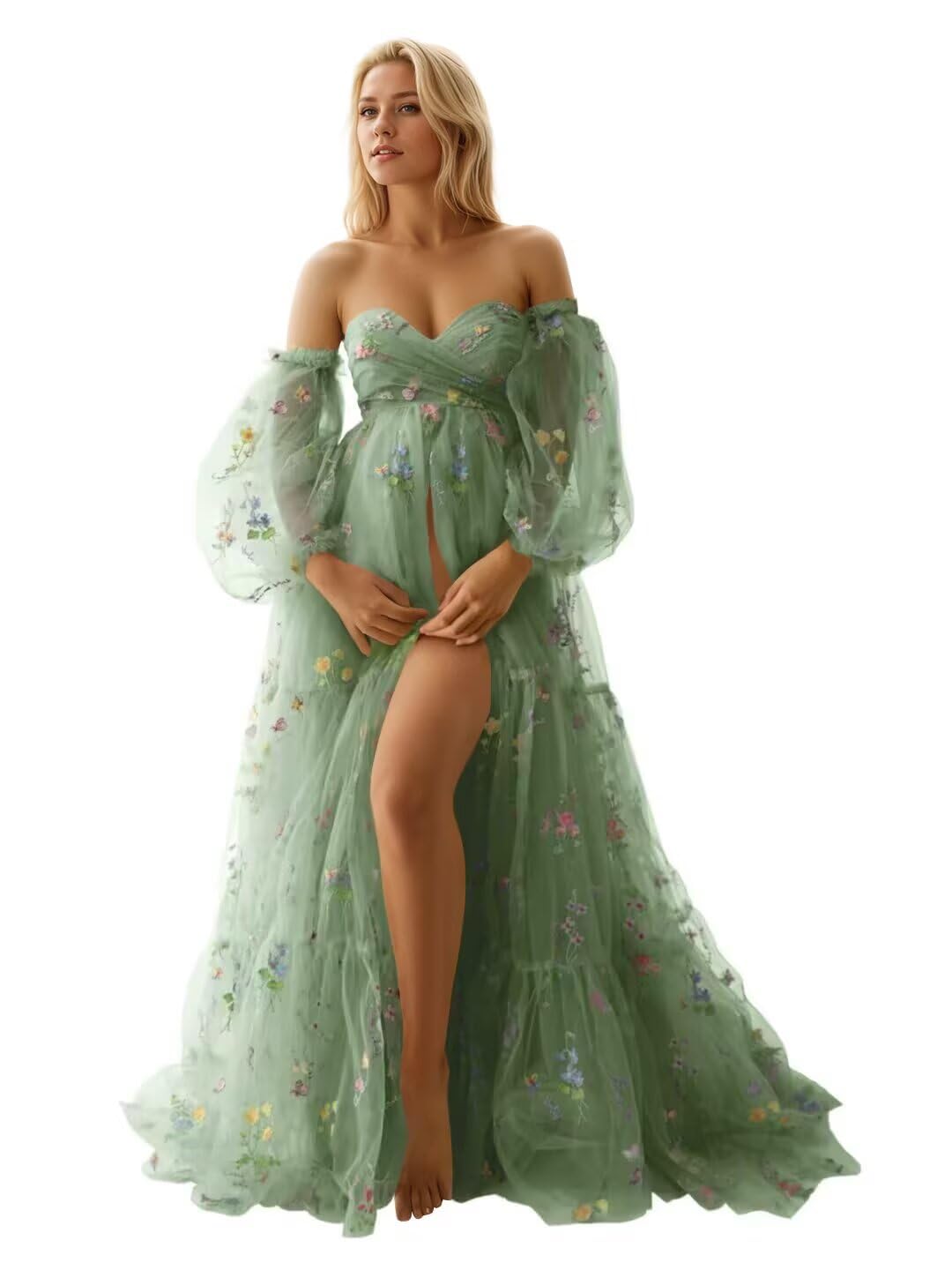 Kingbridal Gowns Flower Embroidery Tulle Maternity Dresses for Photoshoot Long Puffy Sleeve Off Shoulder Pregnancy Baby Shower Dress