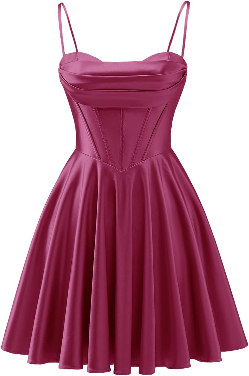 Spaghetti Straps Satin Homecoming Dresses for Teens Ruched Corset Short Prom Dresses 2026