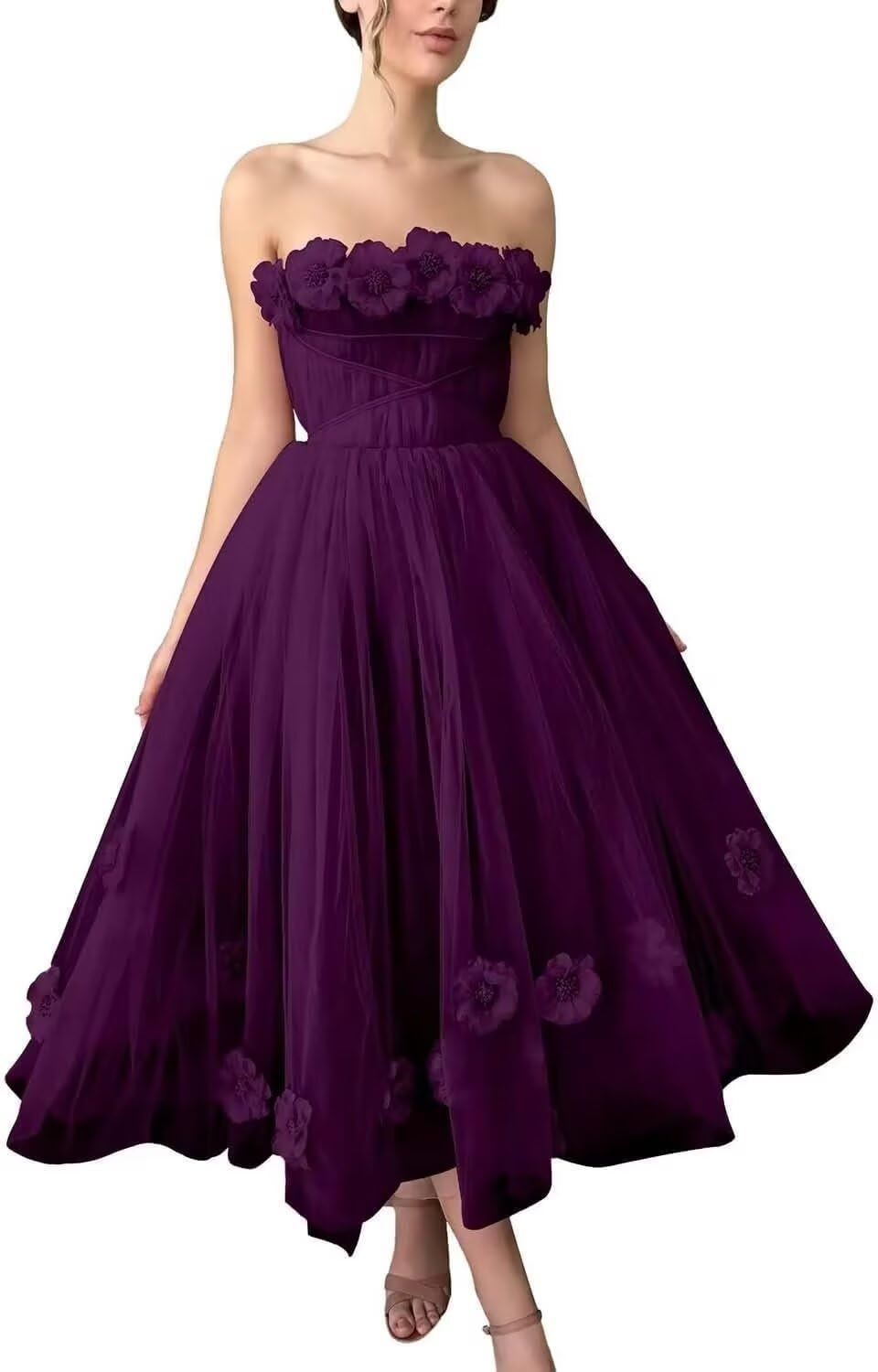 Women's 3D Flower Off Shoulder Tea Length Whimsical Prom Dress, A Line Strapless Tulle Formal Evening Party Gown