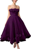 Women's 3D Flower Off Shoulder Tea Length Whimsical Prom Dress, A Line Strapless Tulle Formal Evening Party Gown