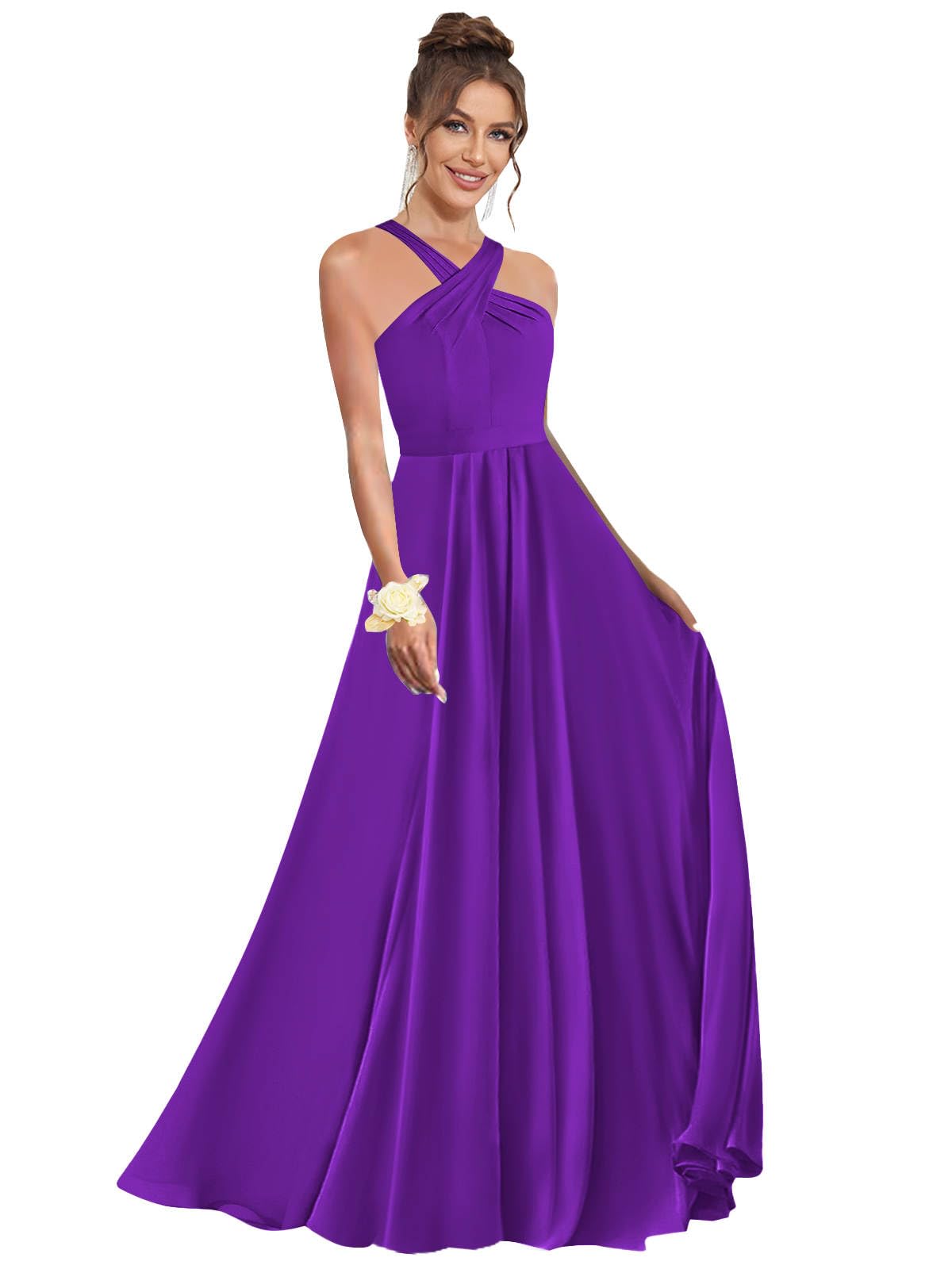 Halter Bridesmaid Dresses for Wedding Chiffon A Line Pleated Long Formal Prom Dress with Belt