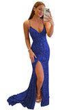 Women's Spaghetti Straps Sequin Prom Dresses Mermaid Sleeveless Double V-Neck Sparkle Evening Dress with Slit