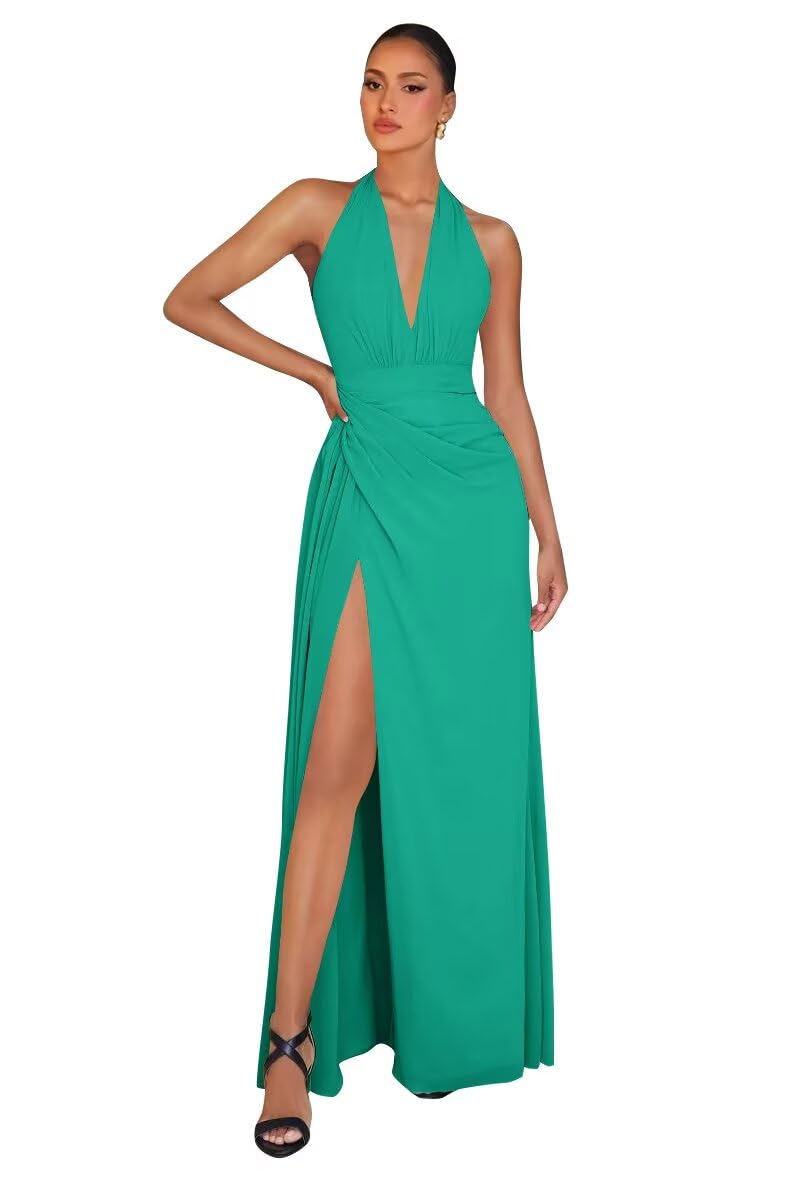 Chiffon Bridesmaid Dresses for Women Long Halter A-line Formal Dress with Slit 2026 Pleated Evening Party Gowns