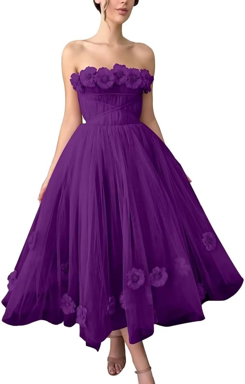 Women's 3D Flower Off Shoulder Tea Length Whimsical Prom Dress, A Line Strapless Tulle Formal Evening Party Gown