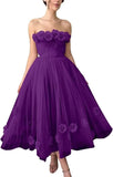 Women's 3D Flower Off Shoulder Tea Length Whimsical Prom Dress, A Line Strapless Tulle Formal Evening Party Gown